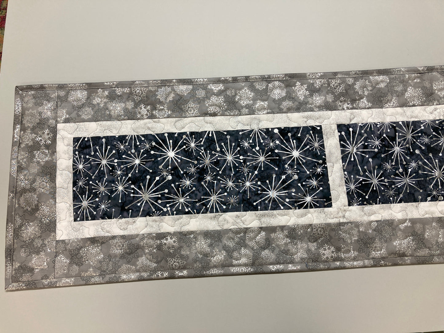 Winter Silver White Snowflakes Christmas Dining Table Runner, Reversible, Holiday Coffee Table Mat 13x58" Gray Wintry Holiday Centerpiece