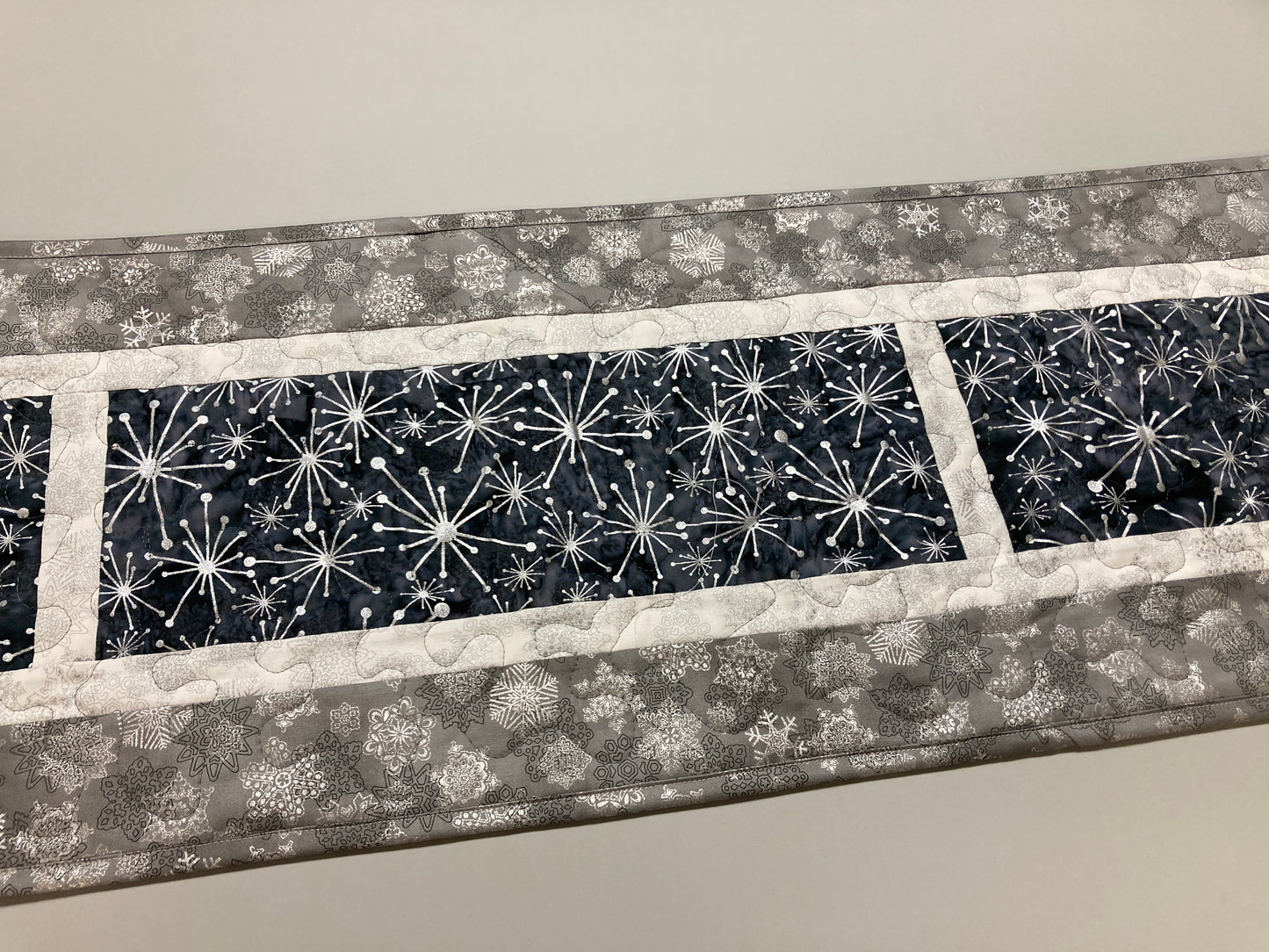 Winter Silver White Snowflakes Christmas Dining Table Runner, Reversible, Holiday Coffee Table Mat 13x58" Gray Wintry Holiday Centerpiece