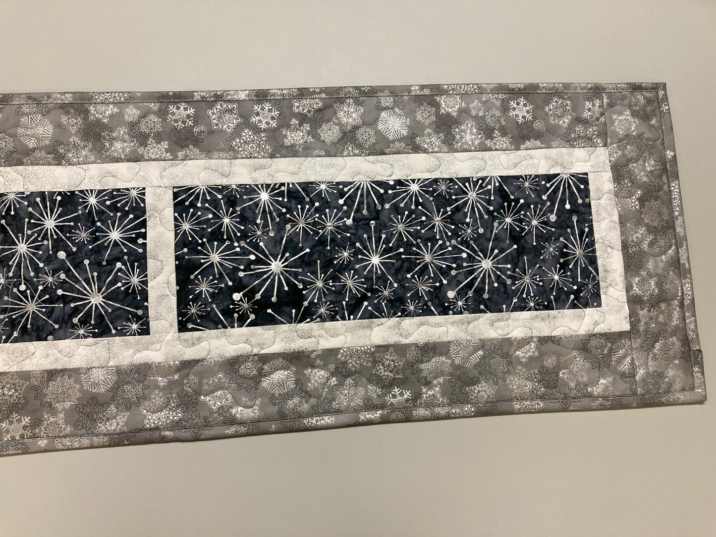 Winter Silver White Snowflakes Christmas Dining Table Runner, Reversible, Holiday Coffee Table Mat 13x58" Gray Wintry Holiday Centerpiece