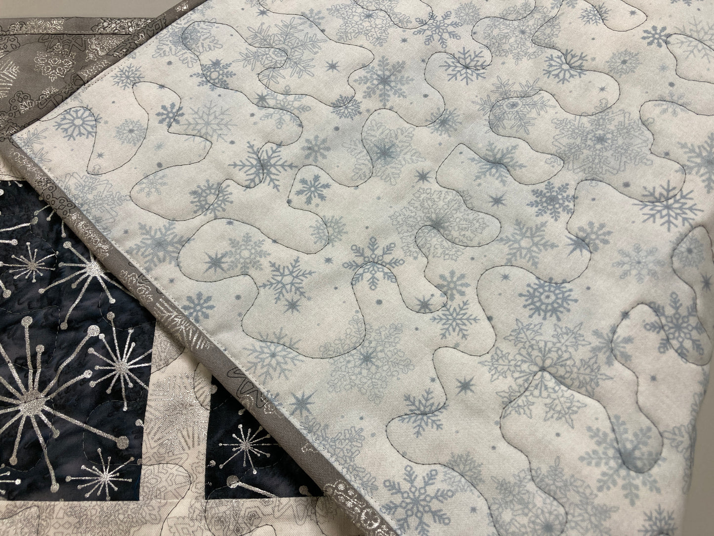 Winter Silver White Snowflakes Christmas Dining Table Runner, Reversible, Holiday Coffee Table Mat 13x58" Gray Wintry Holiday Centerpiece