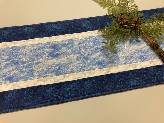 Silver Frost Blue Winter Trees Quilted Dining Table Runner, 13x48 Reversible Coffee End Table Cabin Everyday Nature Woods Mountains Handmade