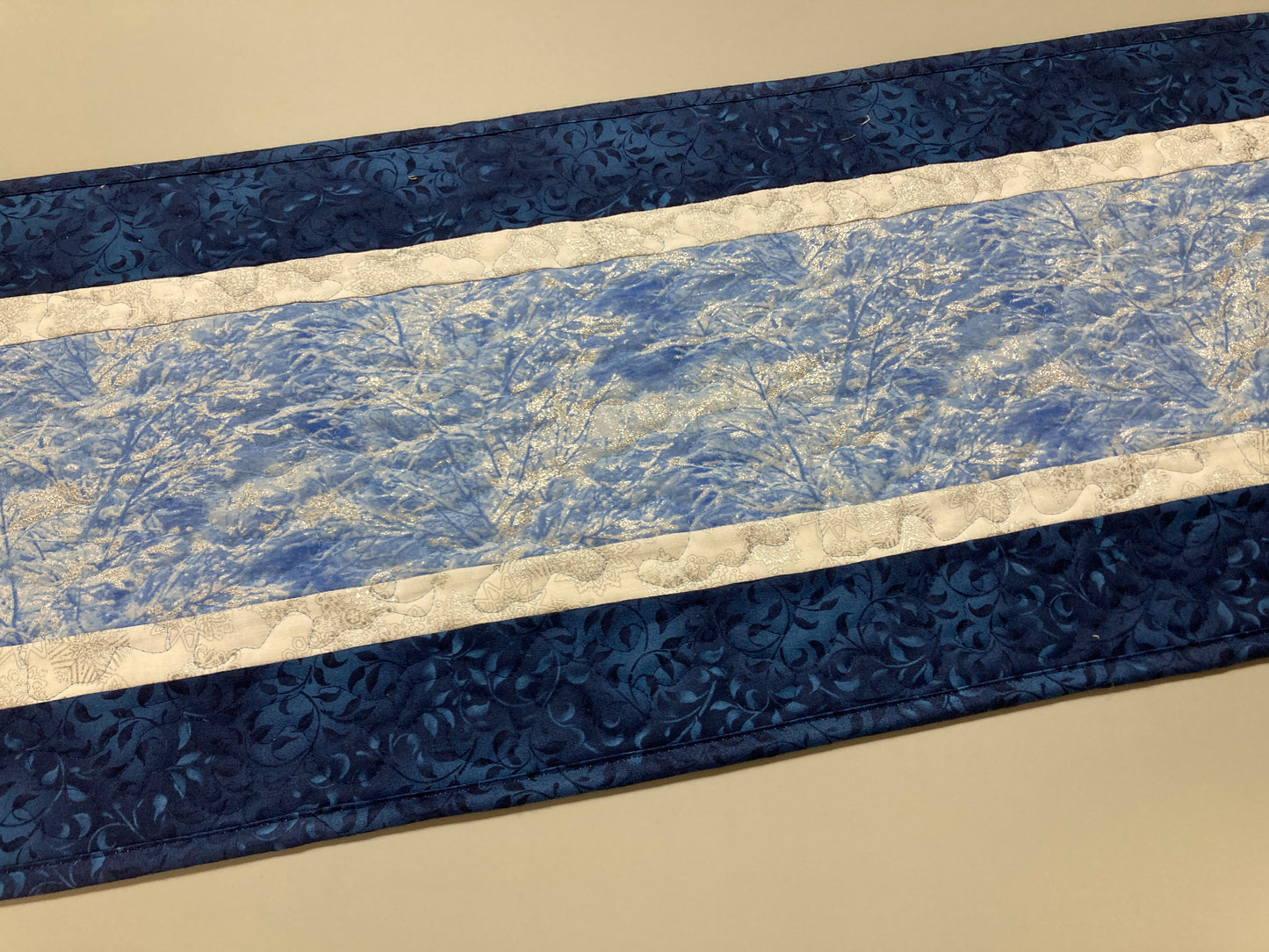 Silver Frost Blue Winter Trees Quilted Dining Table Runner, 13x48 Reversible Coffee End Table Cabin Everyday Nature Woods Mountains Handmade