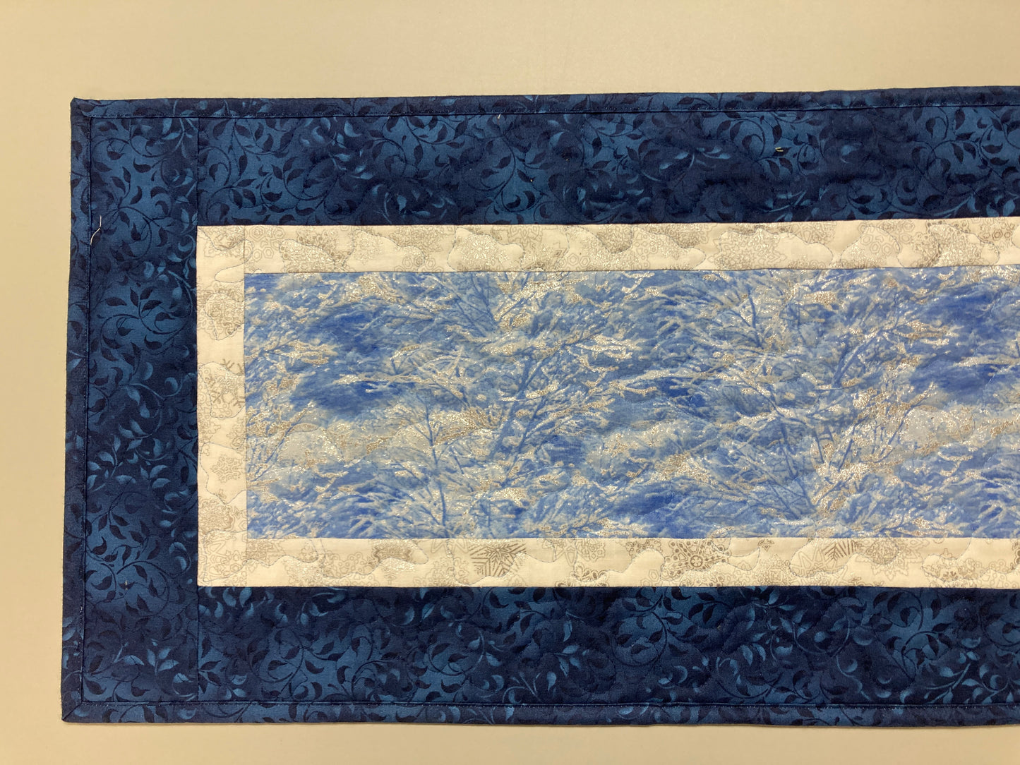 Silver Frost Blue Winter Trees Quilted Dining Table Runner, 13x48 Reversible Coffee End Table Cabin Everyday Nature Woods Mountains Handmade