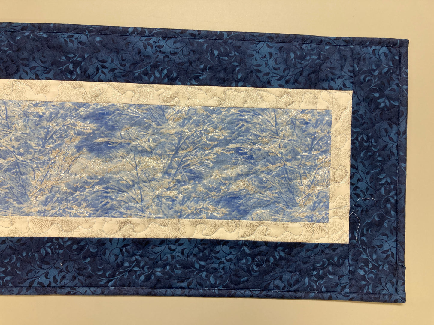 Silver Frost Blue Winter Trees Quilted Dining Table Runner, 13x48 Reversible Coffee End Table Cabin Everyday Nature Woods Mountains Handmade