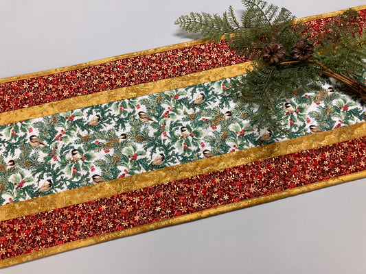 Mountain Christmas Chickadees 13x48" Quilted Dining Coffee Table Runner, Reversible Summer, Winter Holiday, Bird Tree Holly Berries Handmade