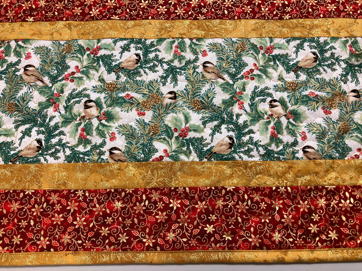 Mountain Christmas Chickadees 13x48" Quilted Dining Coffee Table Runner, Reversible Summer, Winter Holiday, Bird Tree Holly Berries Handmade