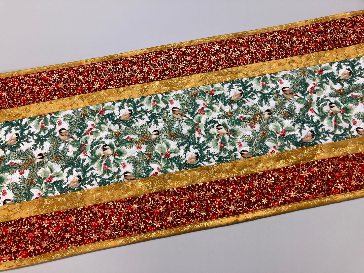Mountain Christmas Chickadees 13x48" Quilted Dining Coffee Table Runner, Reversible Summer, Winter Holiday, Bird Tree Holly Berries Handmade