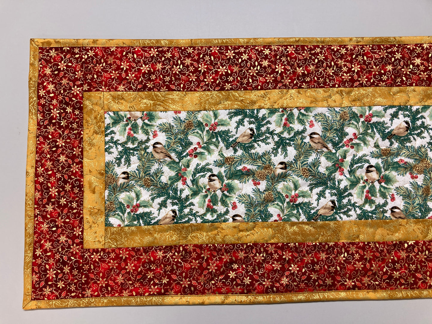 Mountain Christmas Chickadees 13x48" Quilted Dining Coffee Table Runner, Reversible Summer, Winter Holiday, Bird Tree Holly Berries Handmade