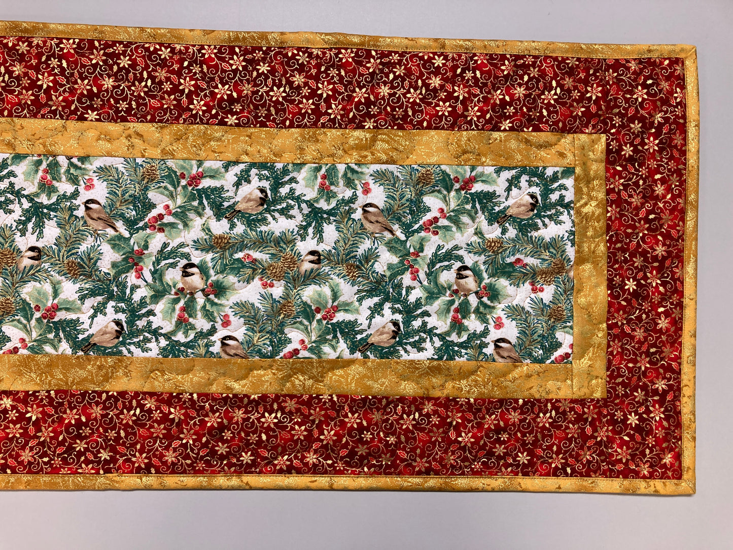 Mountain Christmas Chickadees 13x48" Quilted Dining Coffee Table Runner, Reversible Summer, Winter Holiday, Bird Tree Holly Berries Handmade