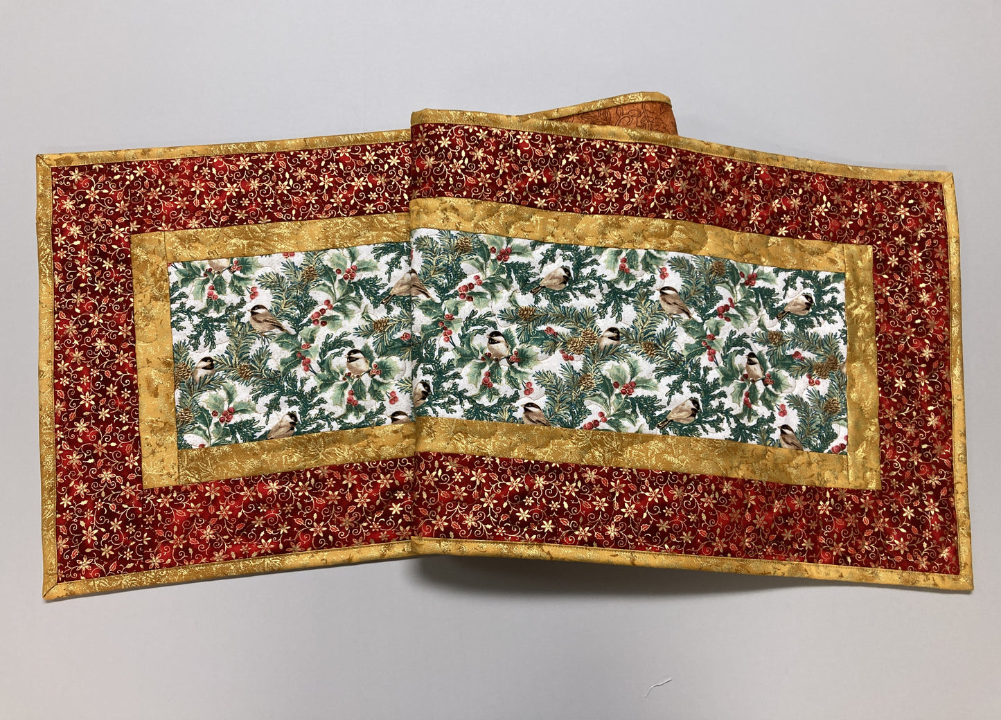 Mountain Christmas Chickadees 13x48" Quilted Dining Coffee Table Runner, Reversible Summer, Winter Holiday, Bird Tree Holly Berries Handmade