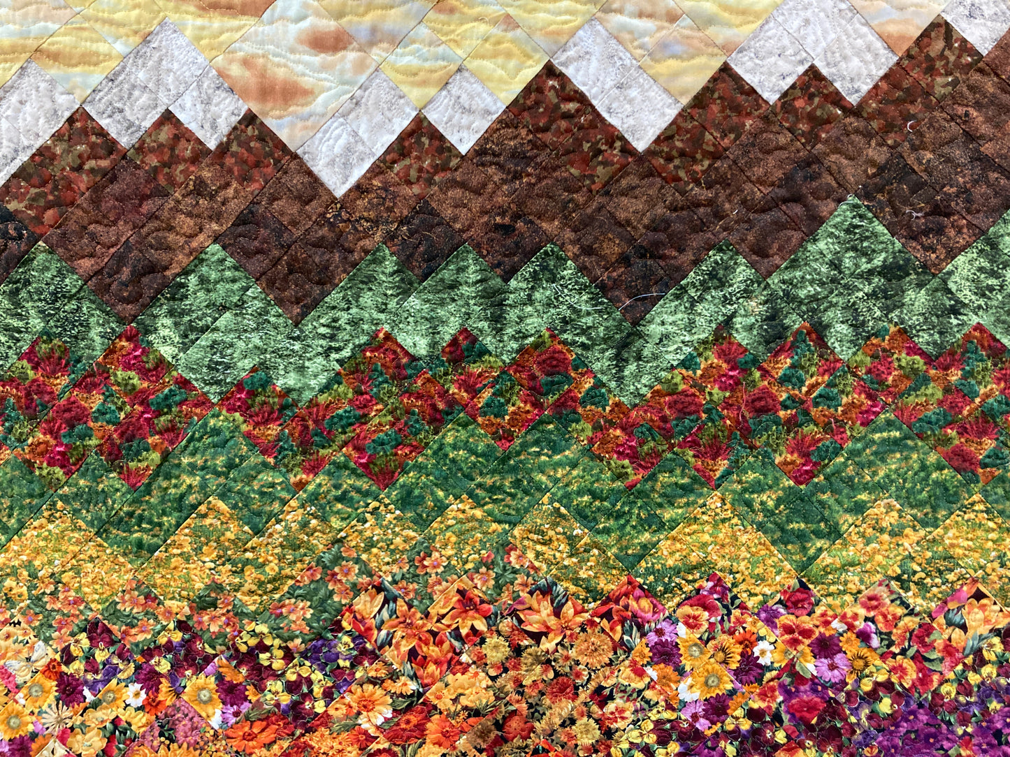 Reserved for Jamie-Fall Sunset Flowers Snowy Mountains Art Quilt Tapestry Fabric Wall Hanging 38x38" Large Bedroom Sofa Horizontal Artwork Quilt, Autumn Meadow
