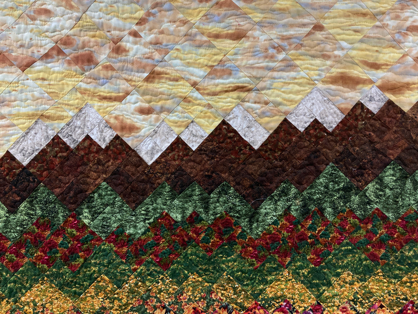 Reserved for Jamie-Fall Sunset Flowers Snowy Mountains Art Quilt Tapestry Fabric Wall Hanging 38x38" Large Bedroom Sofa Horizontal Artwork Quilt, Autumn Meadow