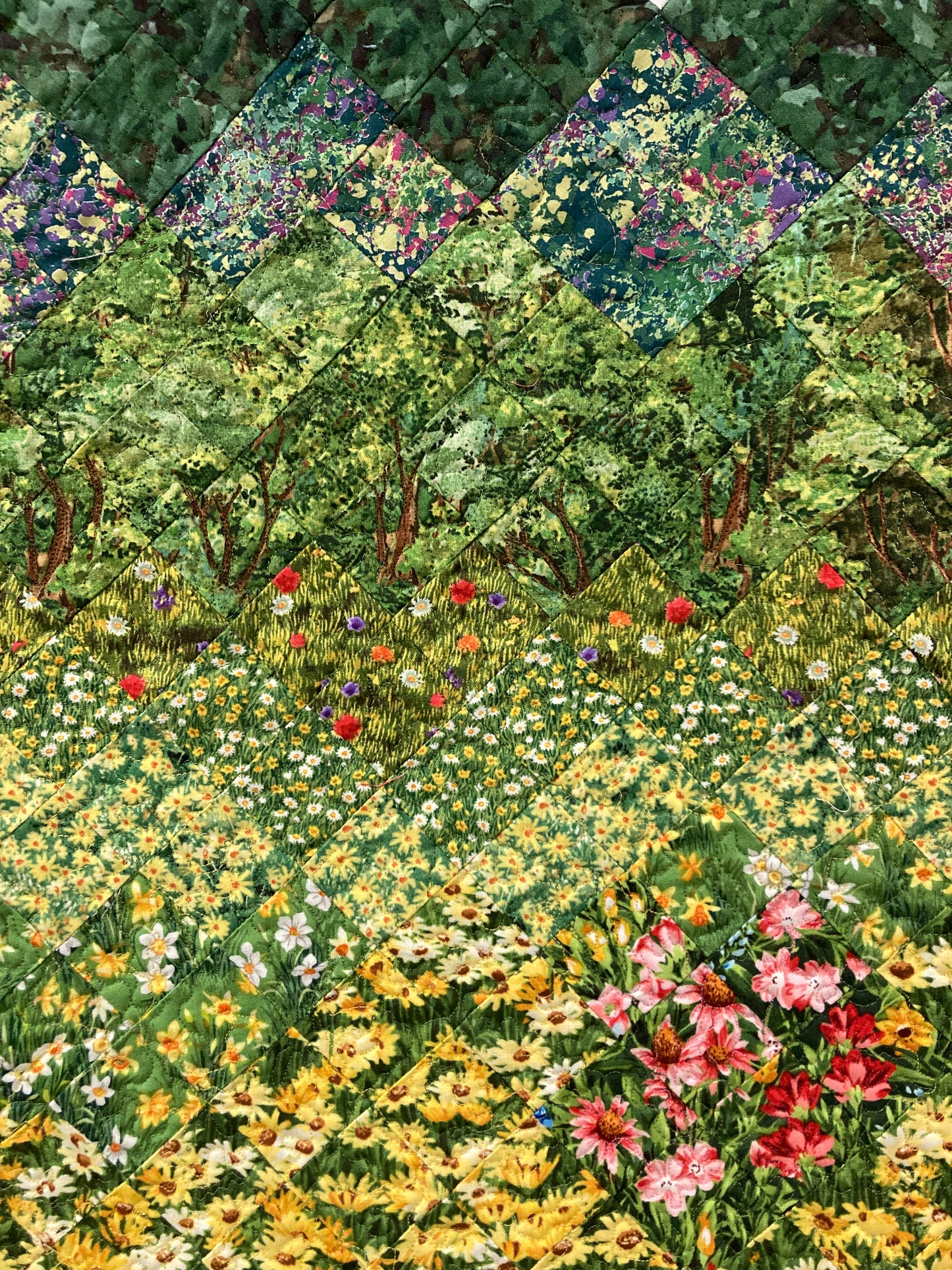 Spring Flowers Mountain Art Quilt, Fabric Wall Hanging Yellow Daisies Pink Flowers, Forest Sunshine Landscape Tapestry, Handmade 18x30"