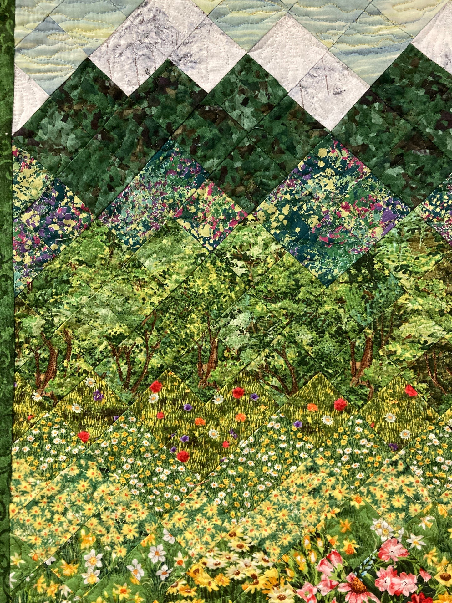 Spring Flowers Mountain Art Quilt, Fabric Wall Hanging Yellow Daisies Pink Flowers, Forest Sunshine Landscape Tapestry, Handmade 18x30"