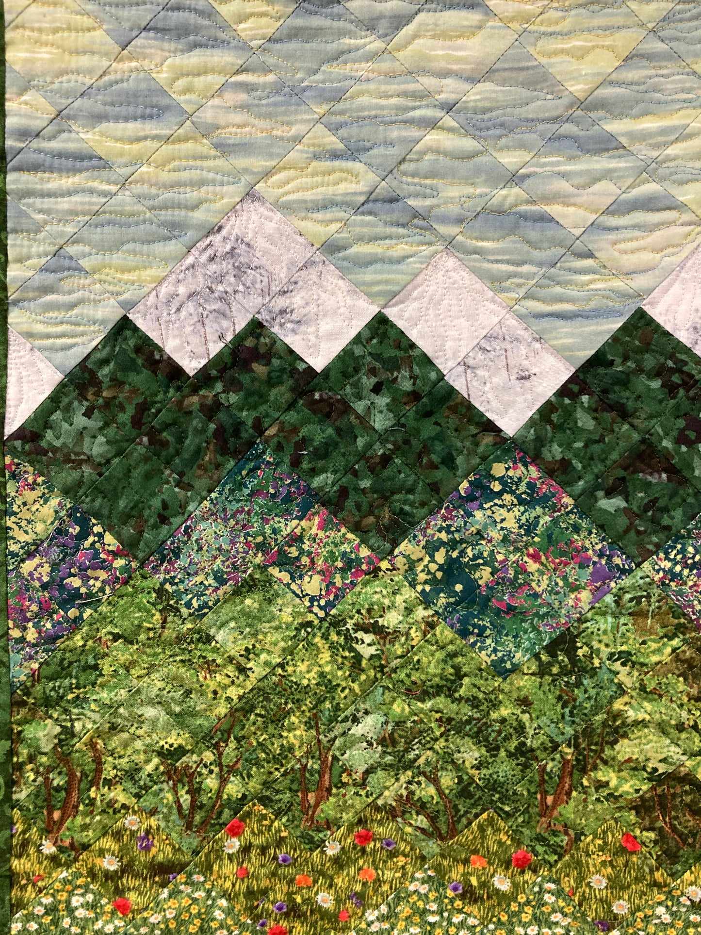 Spring Flowers Mountain Art Quilt, Fabric Wall Hanging Yellow Daisies Pink Flowers, Forest Sunshine Landscape Tapestry, Handmade 18x30"