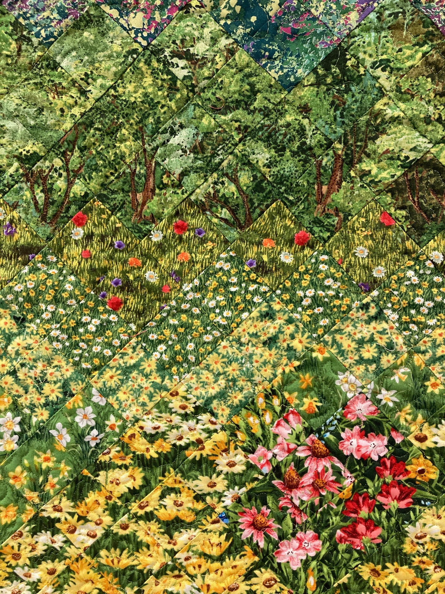 Spring Flowers Mountain Art Quilt, Fabric Wall Hanging Yellow Daisies Pink Flowers, Forest Sunshine Landscape Tapestry, Handmade 18x30"