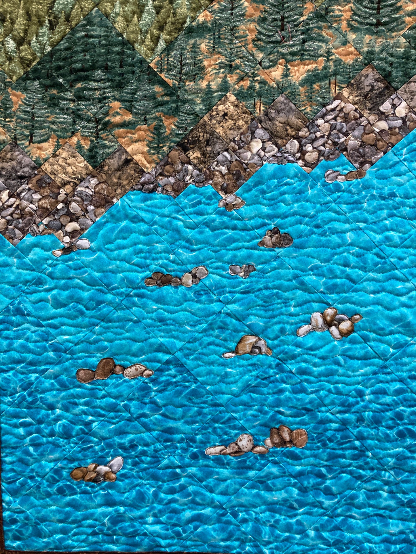 Lake Tahoe Art Quilt Fabric Wall Hanging, Textile Tapestry, Long Vertical Narrow Landscape Scenic Quilt 18x46", Mountain Pine Trees Alpine
