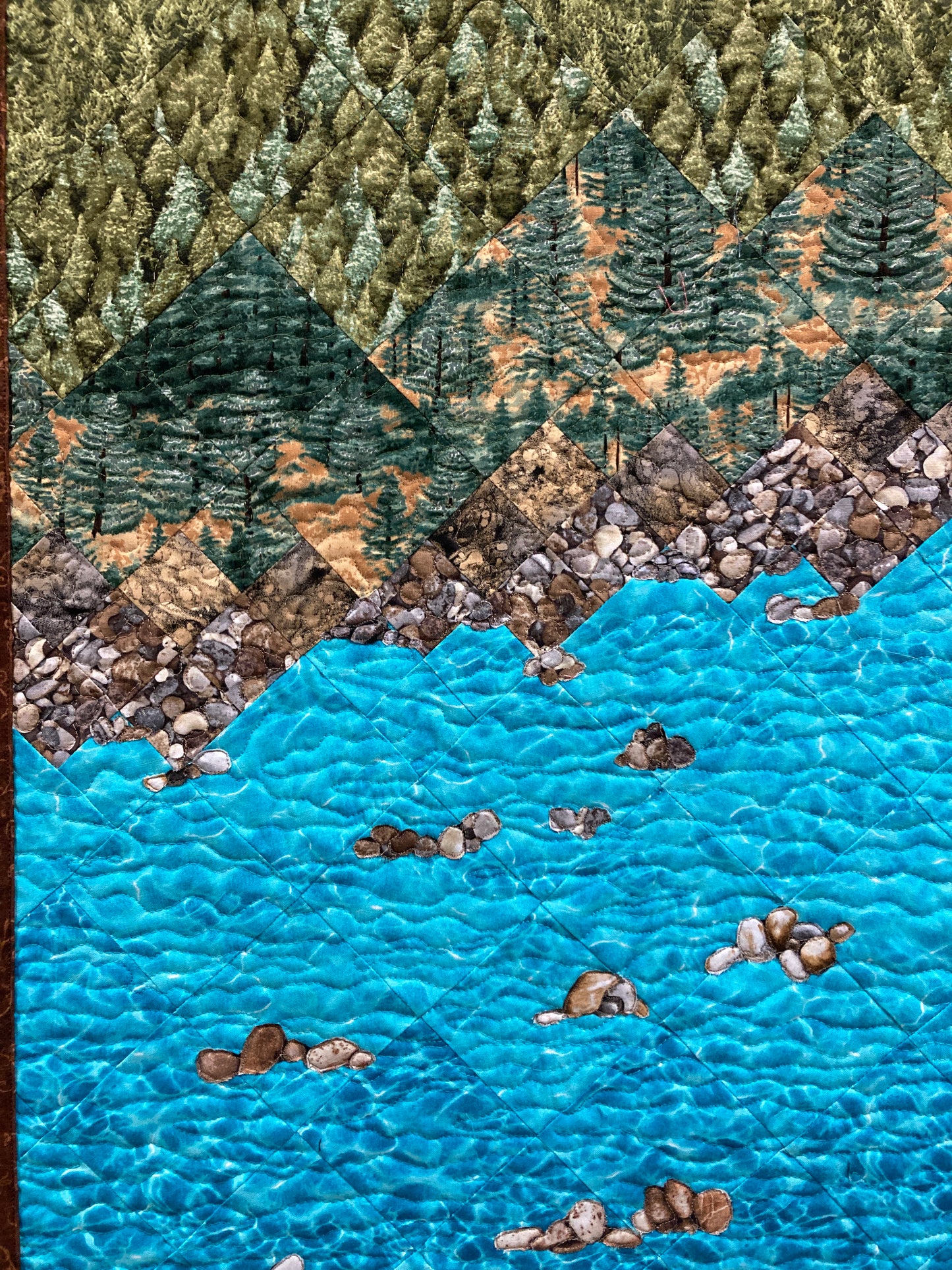 Lake Tahoe Art Quilt Fabric Wall Hanging, Textile Tapestry, Long Vertical Narrow Landscape Scenic Quilt 18x46", Mountain Pine Trees Alpine