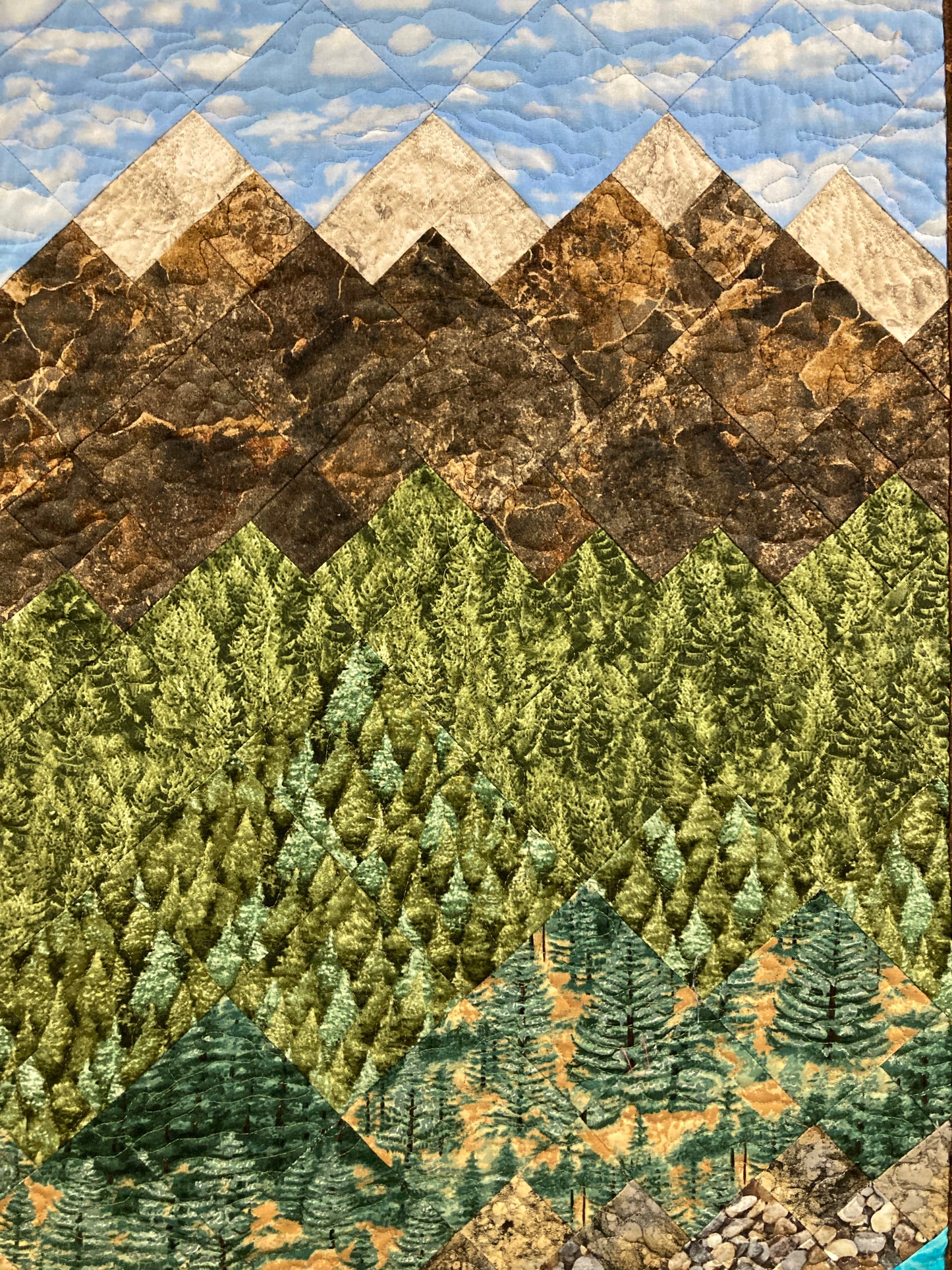 Lake Tahoe Art Quilt Fabric Wall Hanging, Textile Tapestry, Long Vertical Narrow Landscape Scenic Quilt 18x46", Mountain Pine Trees Alpine