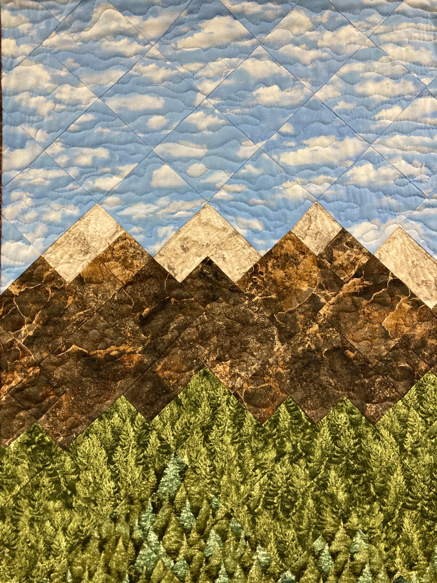 Lake Tahoe Art Quilt Fabric Wall Hanging, Textile Tapestry, Long Vertical Narrow Landscape Scenic Quilt 18x46", Mountain Pine Trees Alpine