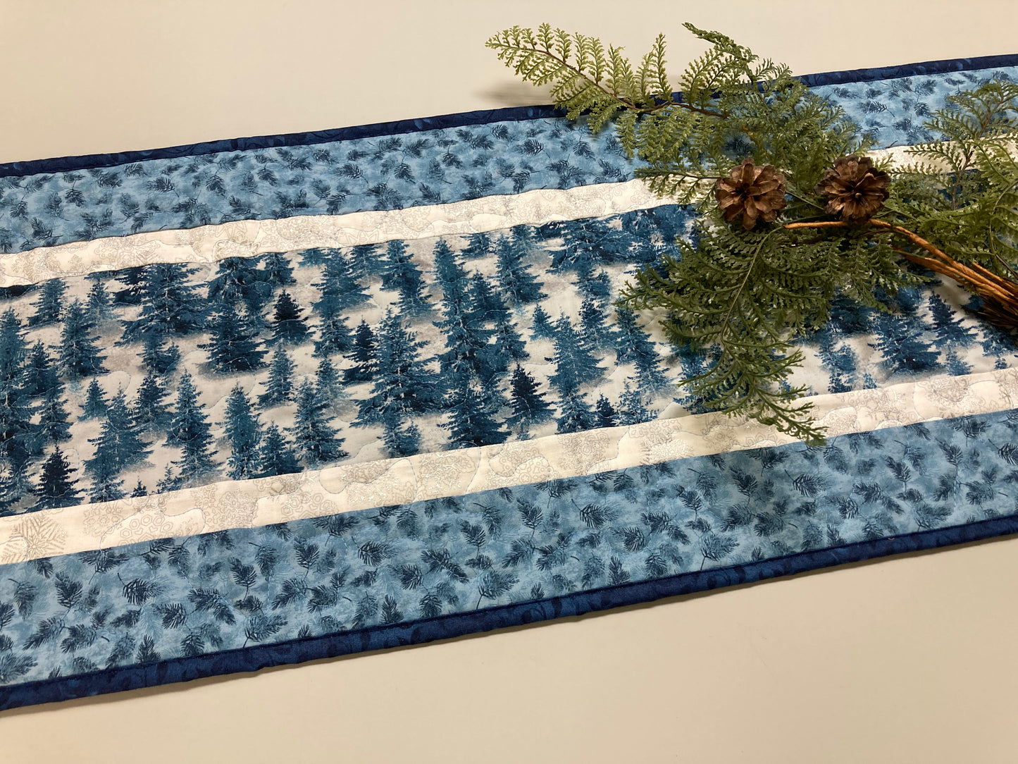 Blue Winter Trees Quilted Dining Table Runner, 13x48 Reversible, Coffee End Table Cabin Everyday Woods Mountains Handmade Hanukkah Christmas