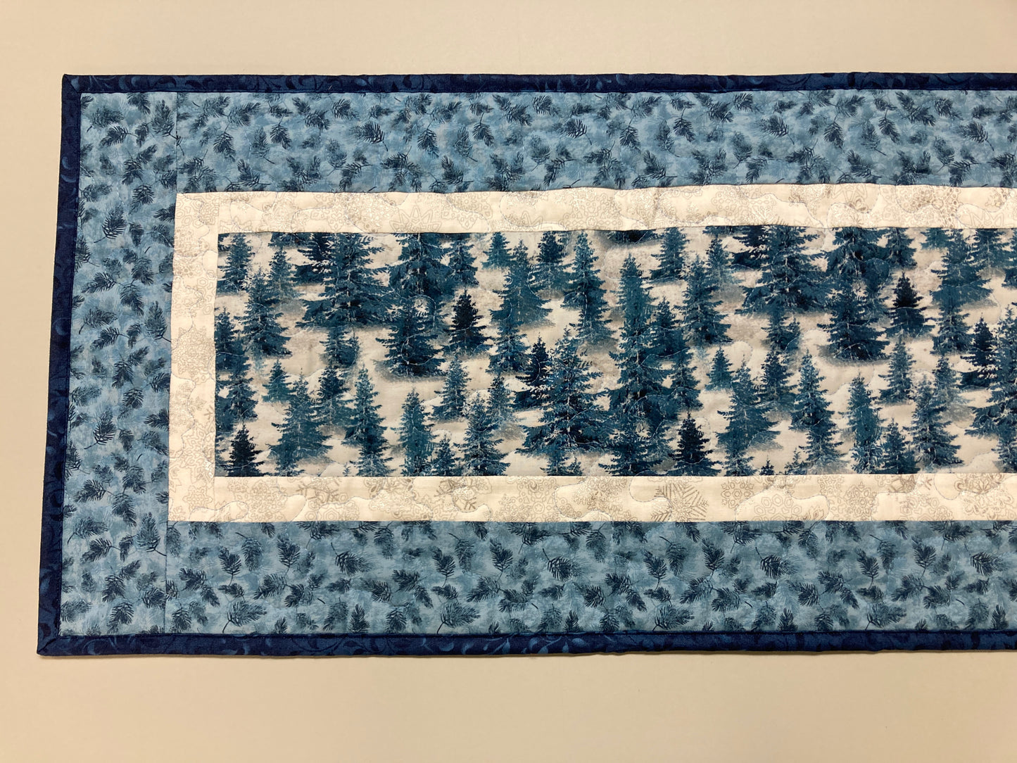 Blue Winter Trees Quilted Dining Table Runner, 13x48 Reversible, Coffee End Table Cabin Everyday Woods Mountains Handmade Hanukkah Christmas
