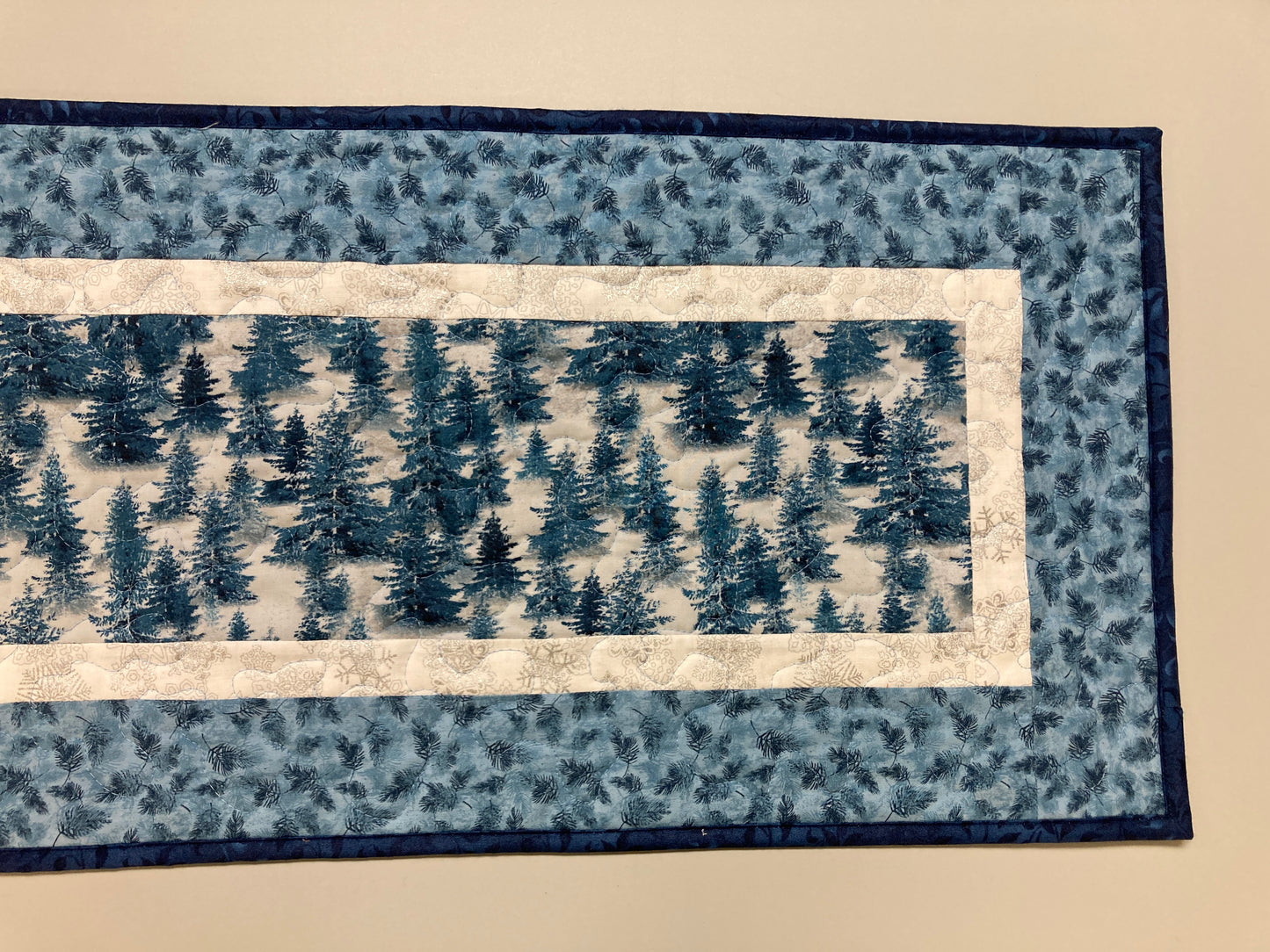 Blue Winter Trees Quilted Dining Table Runner, 13x48 Reversible, Coffee End Table Cabin Everyday Woods Mountains Handmade Hanukkah Christmas