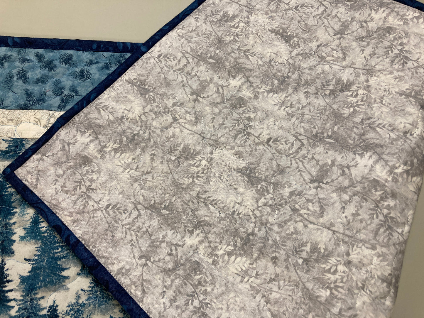 Blue Winter Trees Quilted Dining Table Runner, 13x48 Reversible, Coffee End Table Cabin Everyday Woods Mountains Handmade Hanukkah Christmas