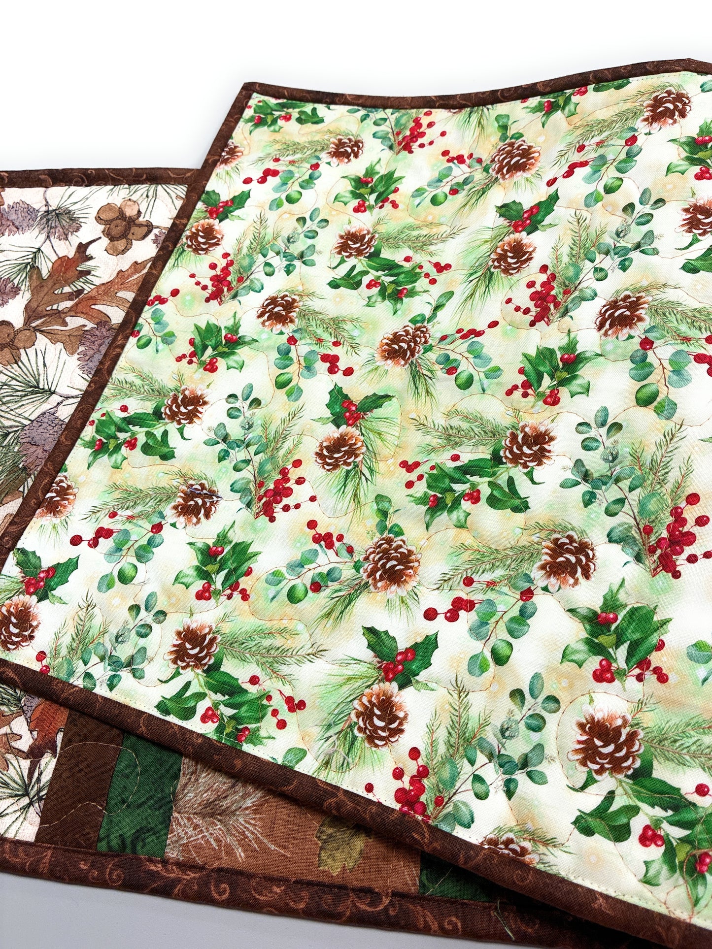 Pine Cones Acorns Quilted Dining or Coffee Table Runner, 13x38" Reversible Christmas Handmade