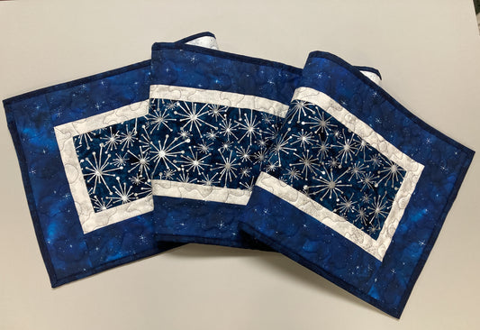 Silver Snowflakes Blue Stars Winter Table Runner Quilted 13x58" Hanukkah Dining Coffee Table, Holiday Dresser Scarf Long Handmade Reversible