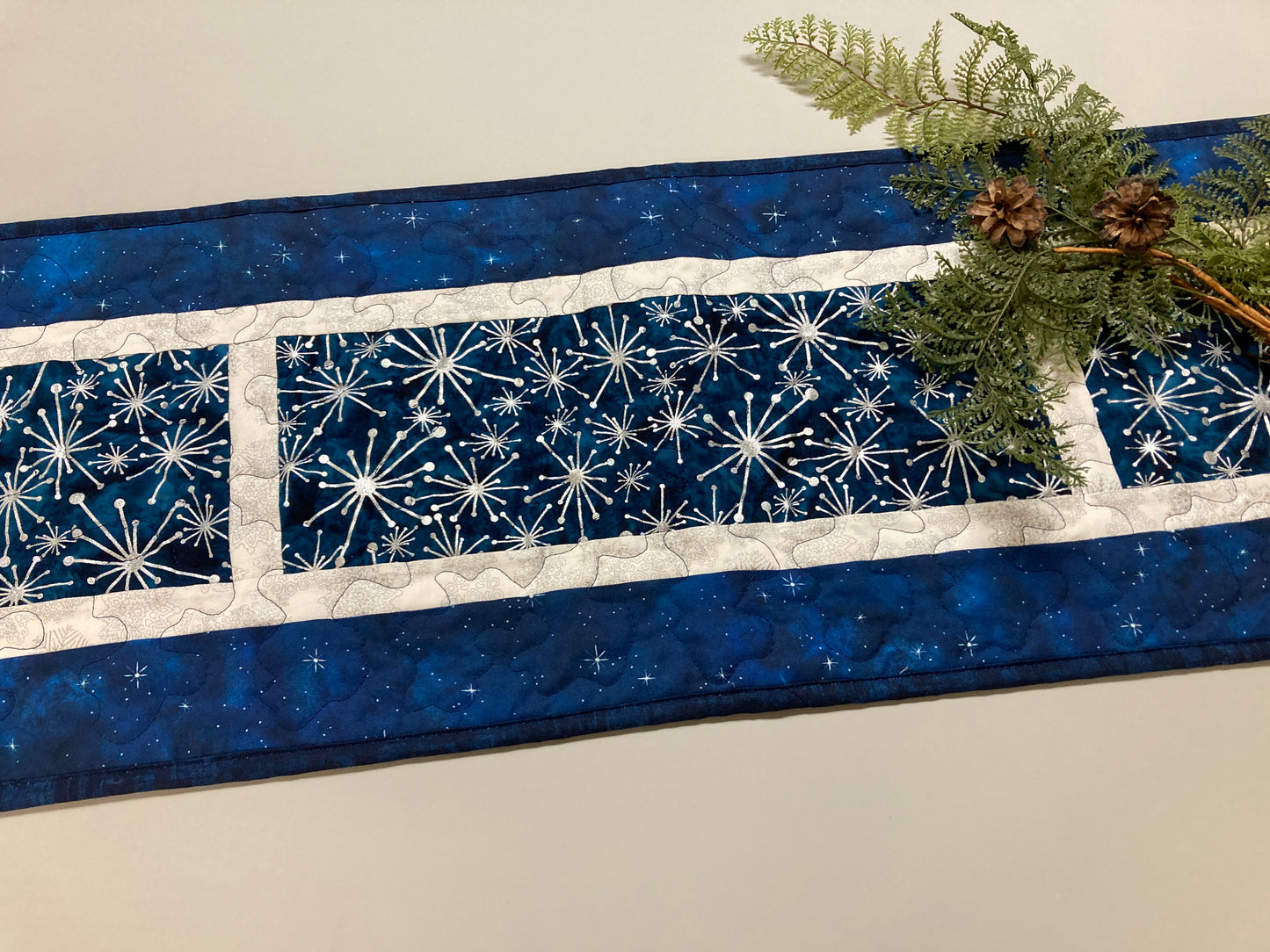 Silver Snowflakes Blue Stars Winter Table Runner Quilted 13x58" Hanukkah Dining Coffee Table, Holiday Dresser Scarf Long Handmade Reversible
