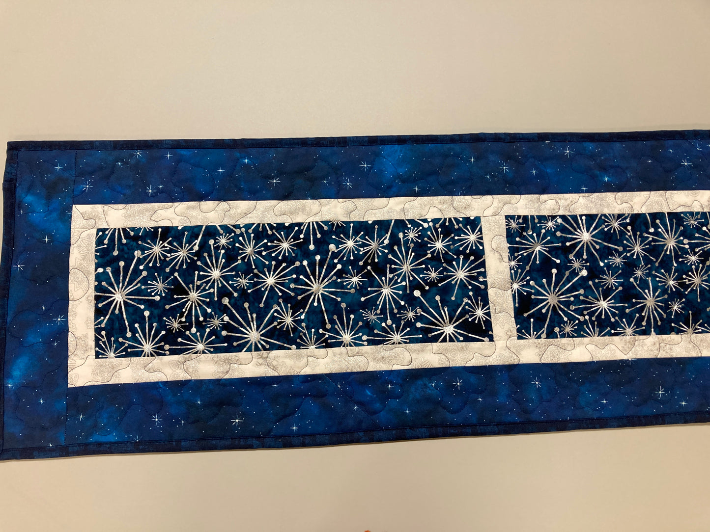Silver Snowflakes Blue Stars Winter Table Runner Quilted 13x58" Hanukkah Dining Coffee Table, Holiday Dresser Scarf Long Handmade Reversible