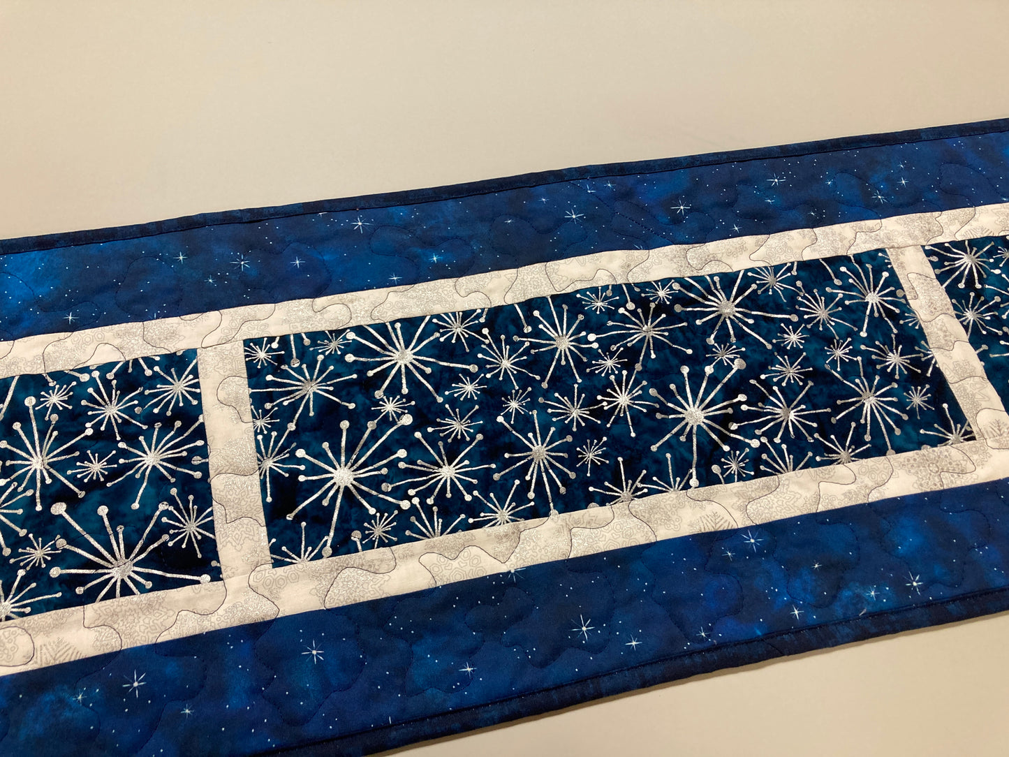 Silver Snowflakes Blue Stars Winter Table Runner Quilted 13x58" Hanukkah Dining Coffee Table, Holiday Dresser Scarf Long Handmade Reversible