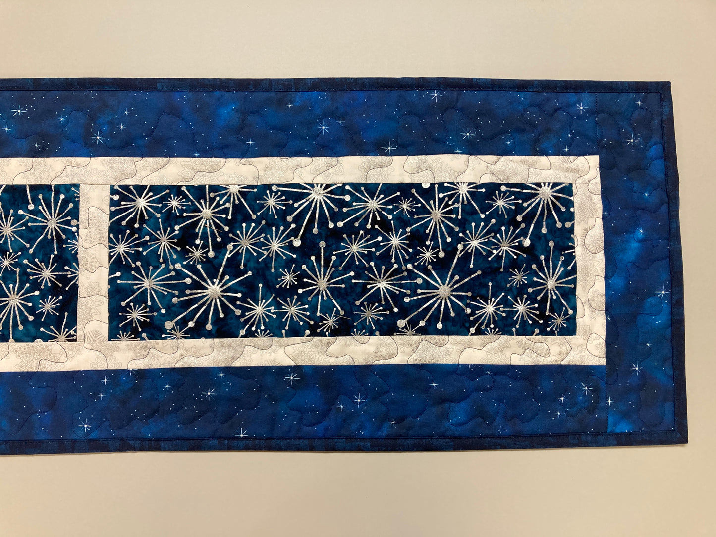 Silver Snowflakes Blue Stars Winter Table Runner Quilted 13x58" Hanukkah Dining Coffee Table, Holiday Dresser Scarf Long Handmade Reversible