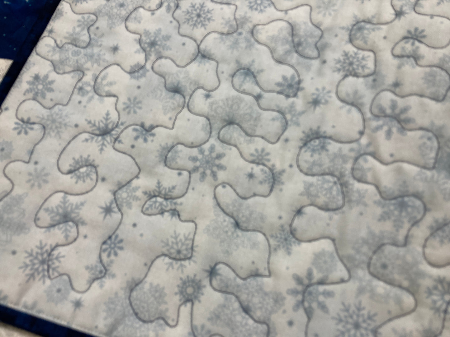Silver Snowflakes Blue Stars Winter Table Runner Quilted 13x58" Hanukkah Dining Coffee Table, Holiday Dresser Scarf Long Handmade Reversible