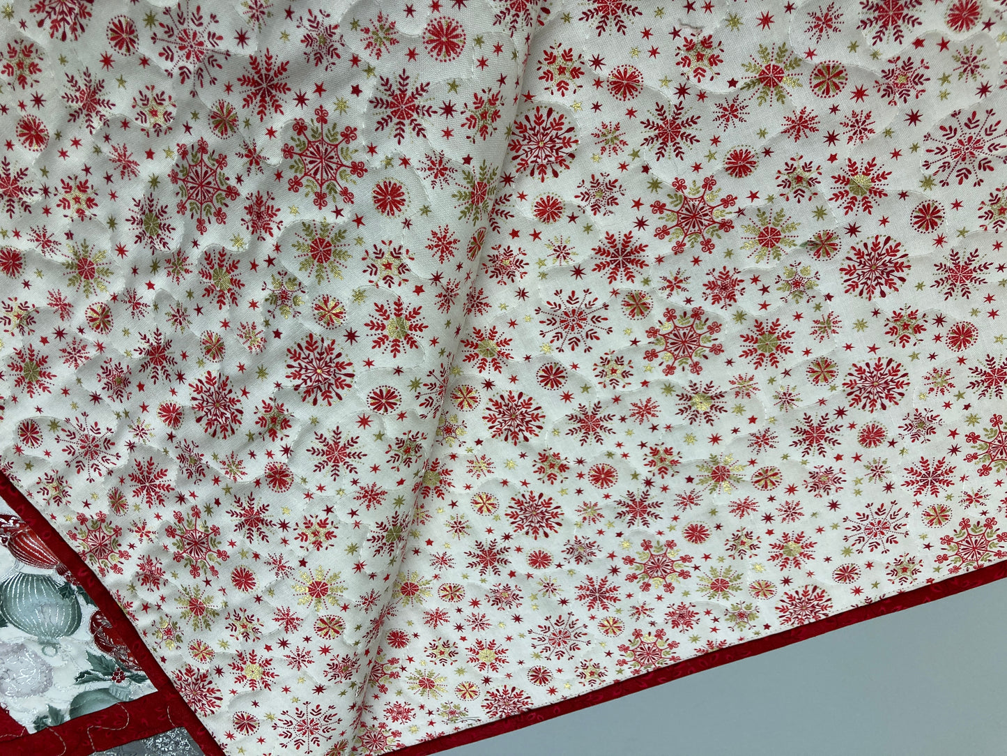 Winter Red Silver Green Christmas Ornaments Quilted Dining Table Runner, 13x70" Holiday Coffee End Table, Dresser Scarf Reversible Handmade