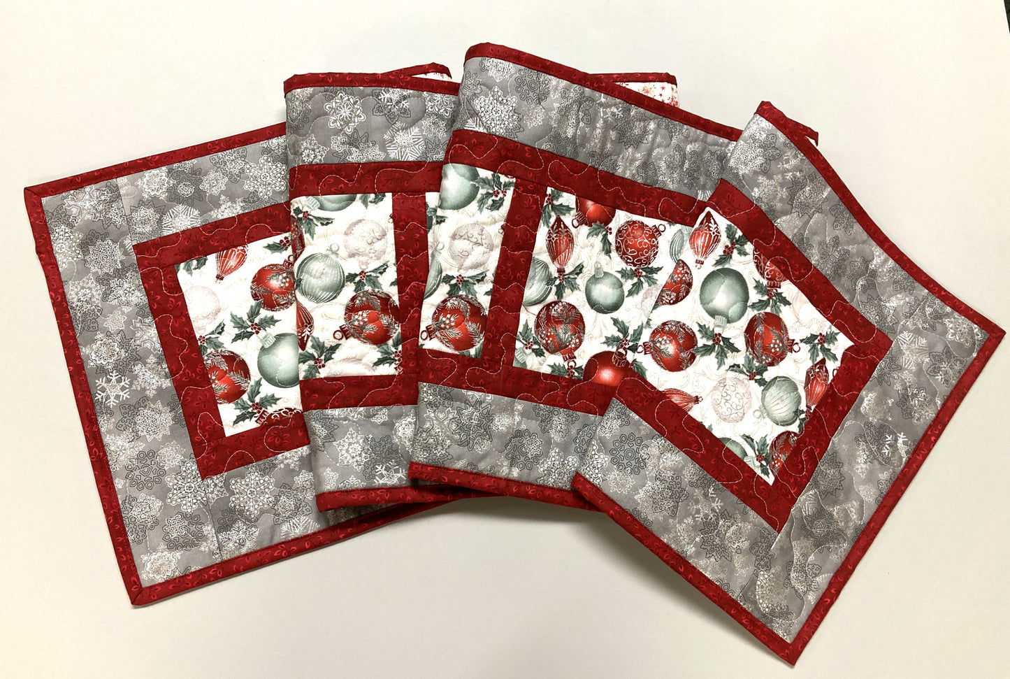 Winter Red Silver Green Christmas Ornaments Quilted Dining Table Runner, 13x70" Holiday Coffee End Table, Dresser Scarf Reversible Handmade