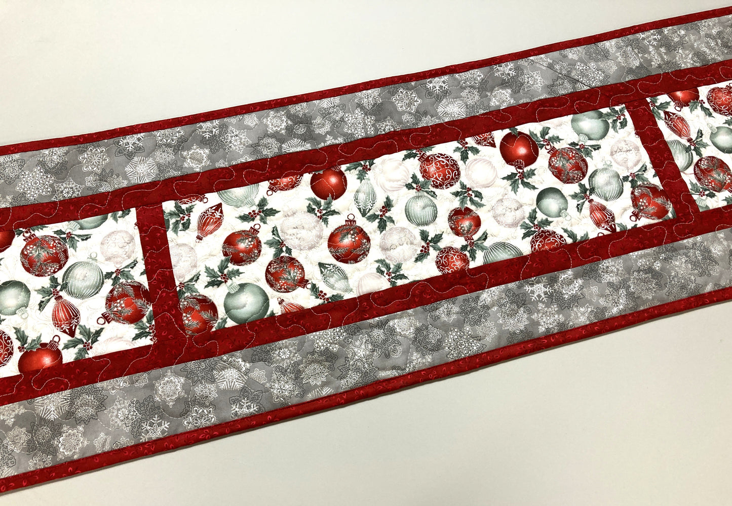 Winter Red Silver Green Christmas Ornaments Quilted Dining Table Runner, 13x70" Holiday Coffee End Table, Dresser Scarf Reversible Handmade
