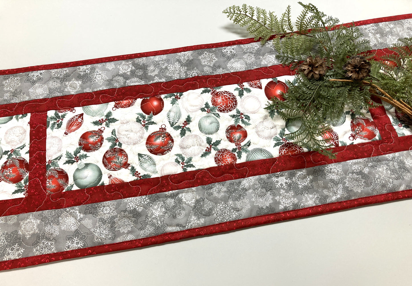 Winter Red Silver Green Christmas Ornaments Quilted Dining Table Runner, 13x70" Holiday Coffee End Table, Dresser Scarf Reversible Handmade