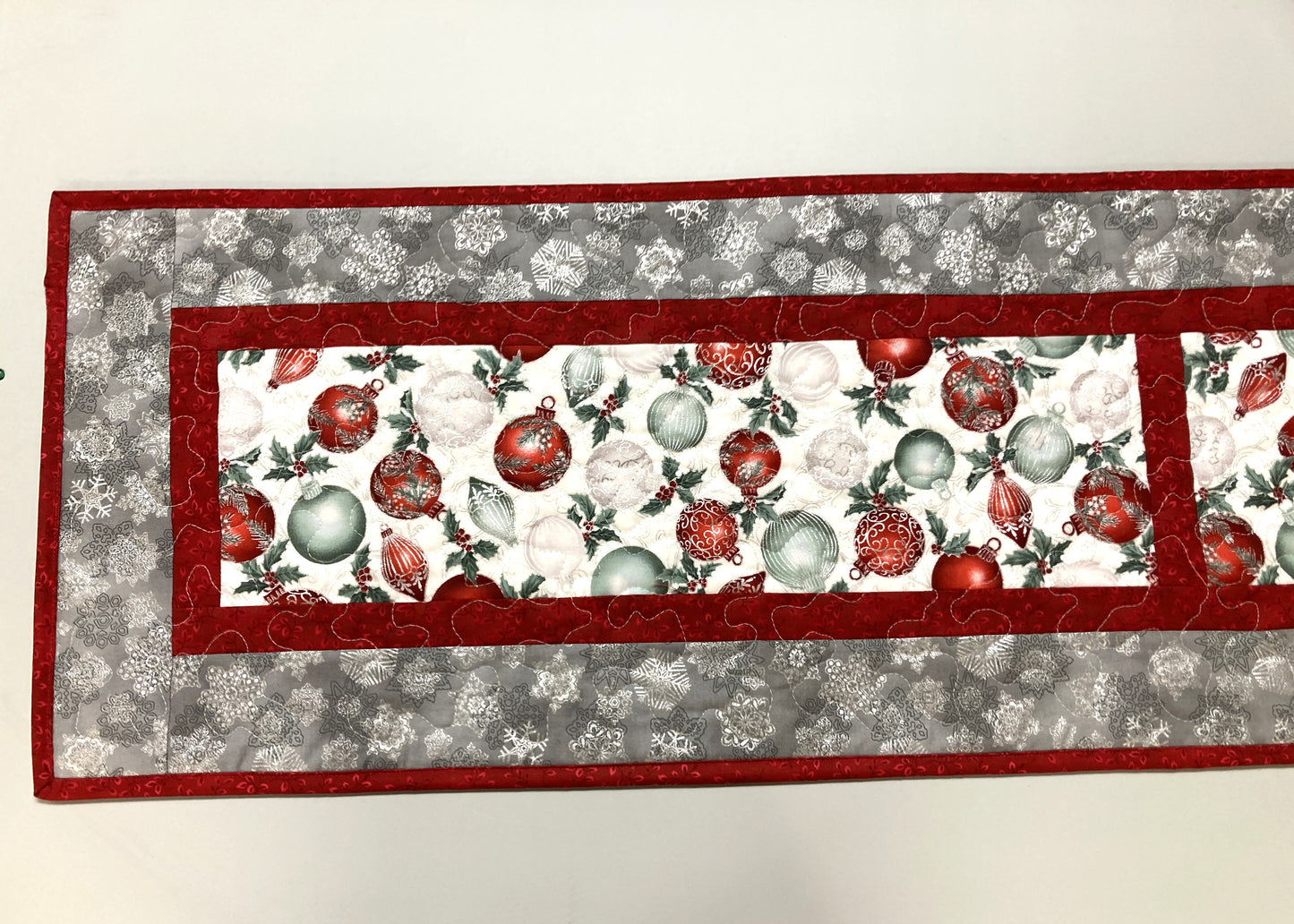 Winter Red Silver Green Christmas Ornaments Quilted Dining Table Runner, 13x70" Holiday Coffee End Table, Dresser Scarf Reversible Handmade