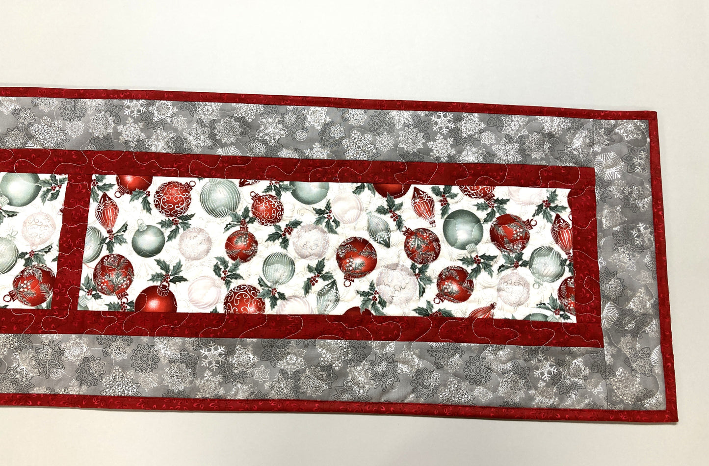 Winter Red Silver Green Christmas Ornaments Quilted Dining Table Runner, 13x70" Holiday Coffee End Table, Dresser Scarf Reversible Handmade