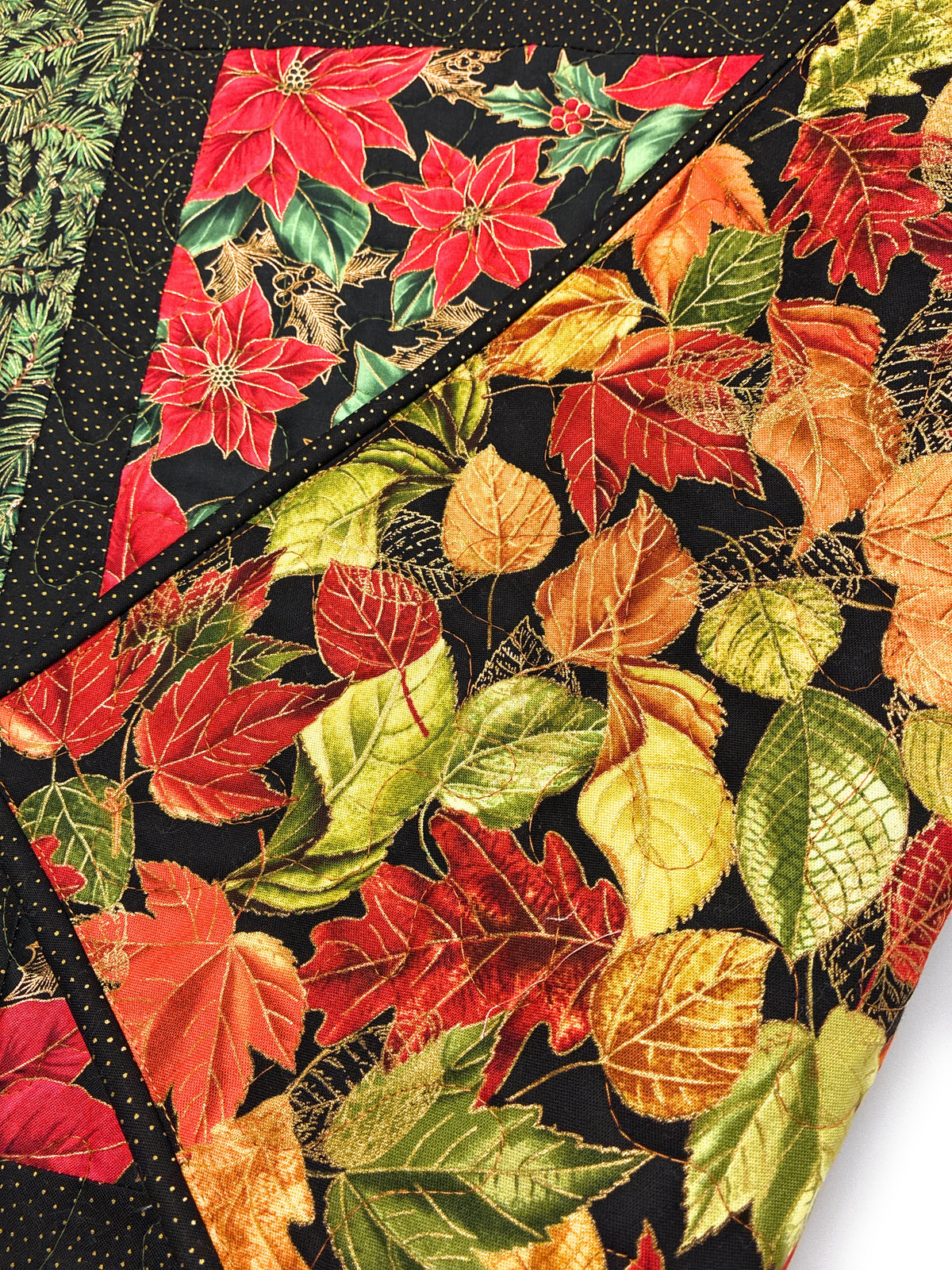 Christmas Table Topper, Poinsettias Pine Cones Boughs, Quilted Large Square 20x20" Reversible Fall