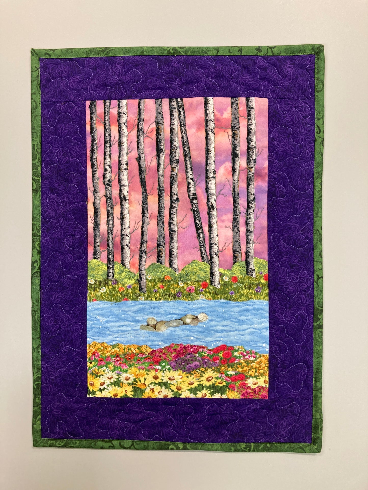 Sunset Aspen Trees and Flowers, Fabric Art Quilt Wall Hanging, Landscape Tapestry, Autumn Floral 14x19" Original Artwork Handmade Woodland