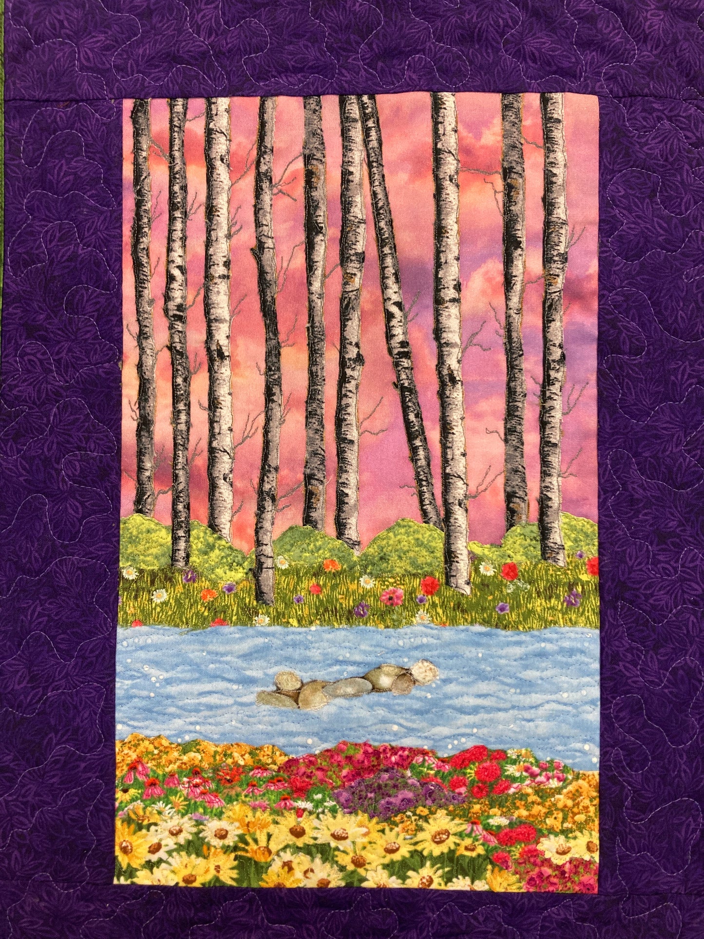 Sunset Aspen Trees and Flowers, Fabric Art Quilt Wall Hanging, Landscape Tapestry, Autumn Floral 14x19" Original Artwork Handmade Woodland