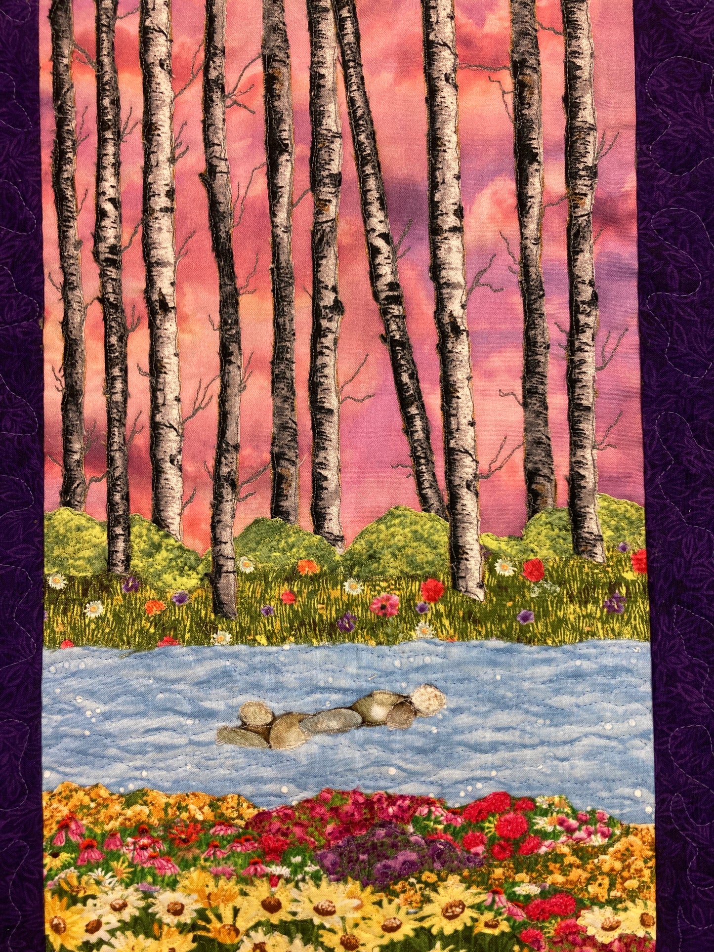 Sunset Aspen Trees and Flowers, Fabric Art Quilt Wall Hanging, Landscape Tapestry, Autumn Floral 14x19" Original Artwork Handmade Woodland