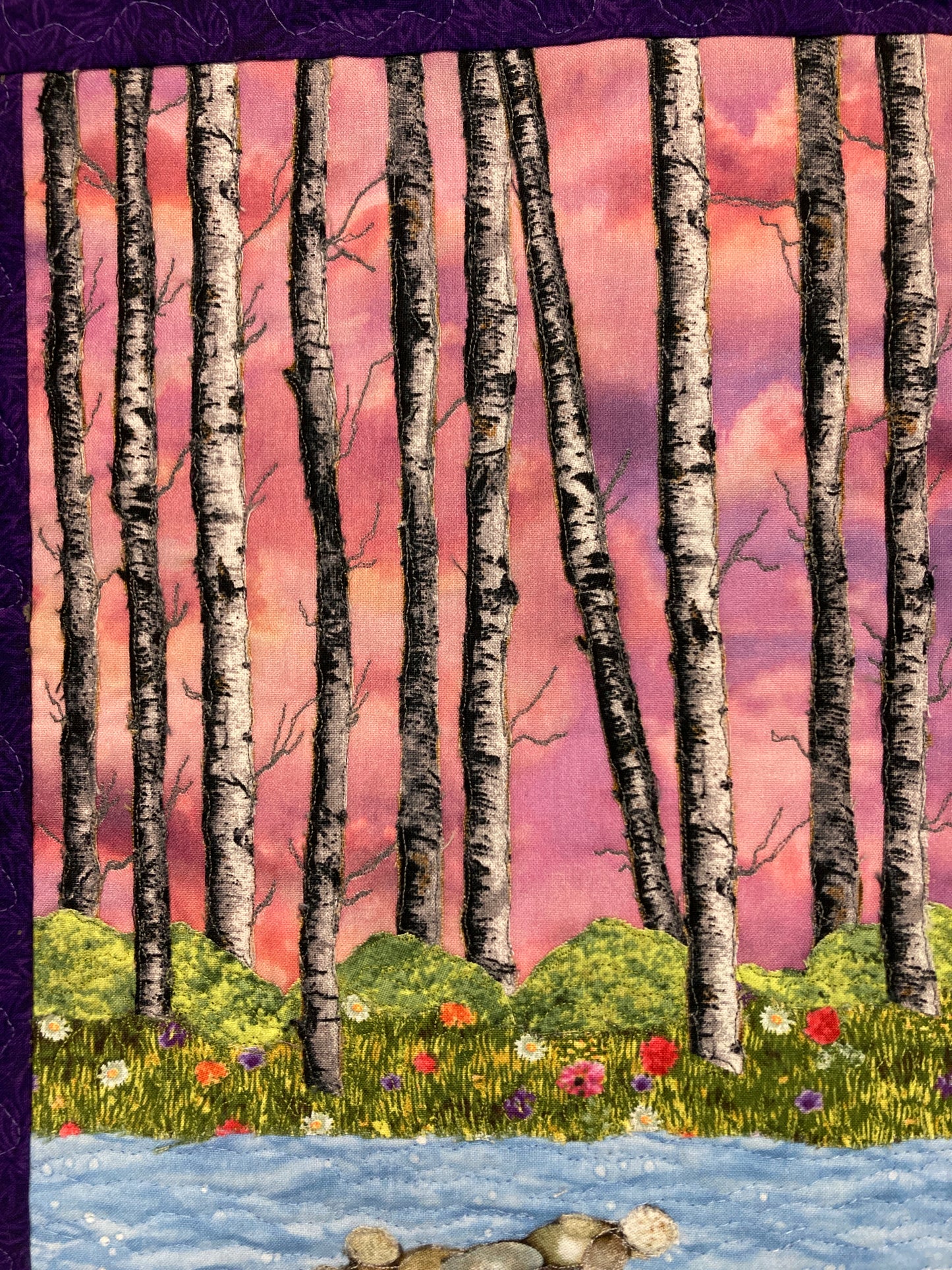 Sunset Aspen Trees and Flowers, Fabric Art Quilt Wall Hanging, Landscape Tapestry, Autumn Floral 14x19" Original Artwork Handmade Woodland