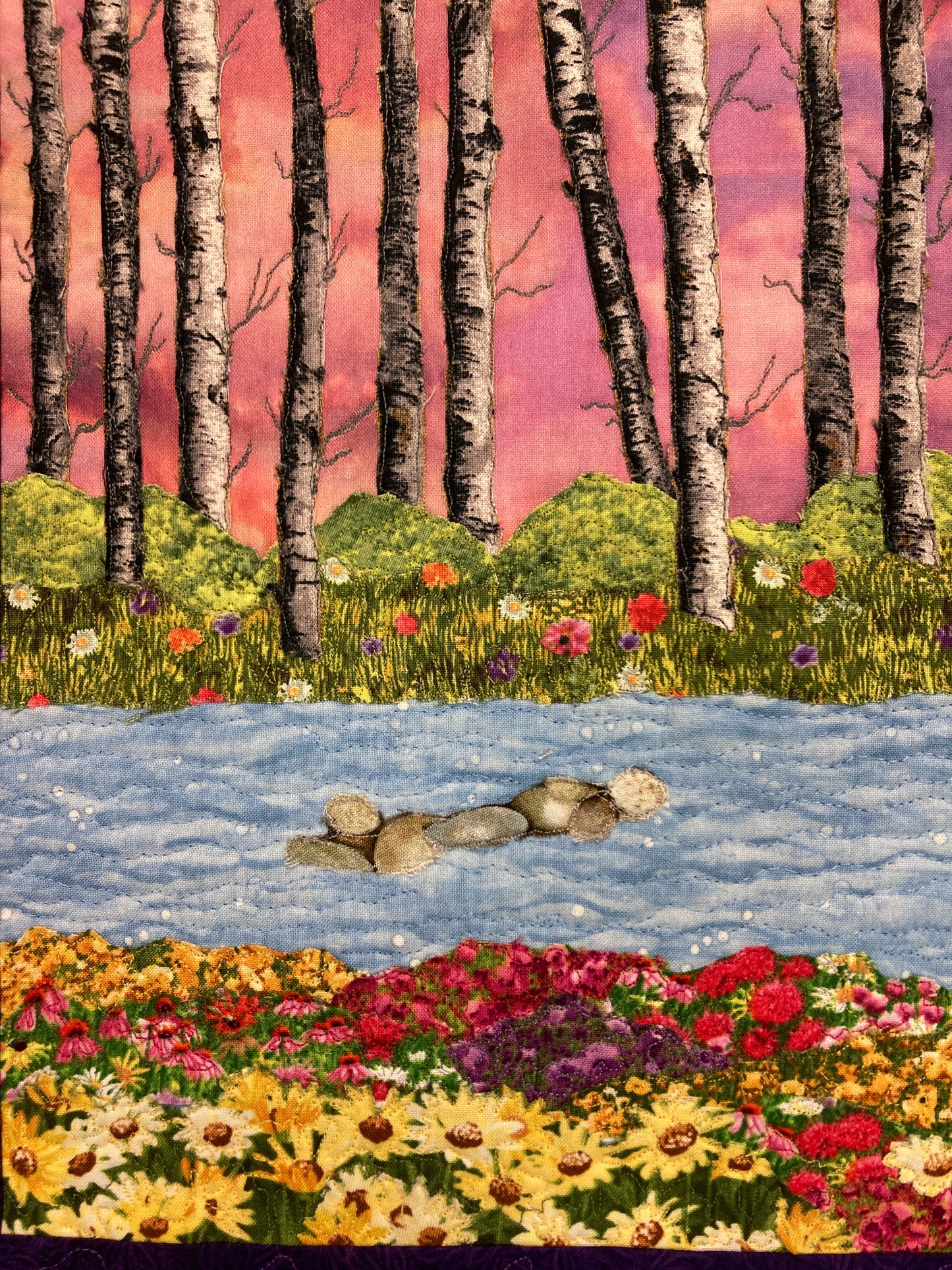 Sunset Aspen Trees and Flowers, Fabric Art Quilt Wall Hanging, Landscape Tapestry, Autumn Floral 14x19" Original Artwork Handmade Woodland