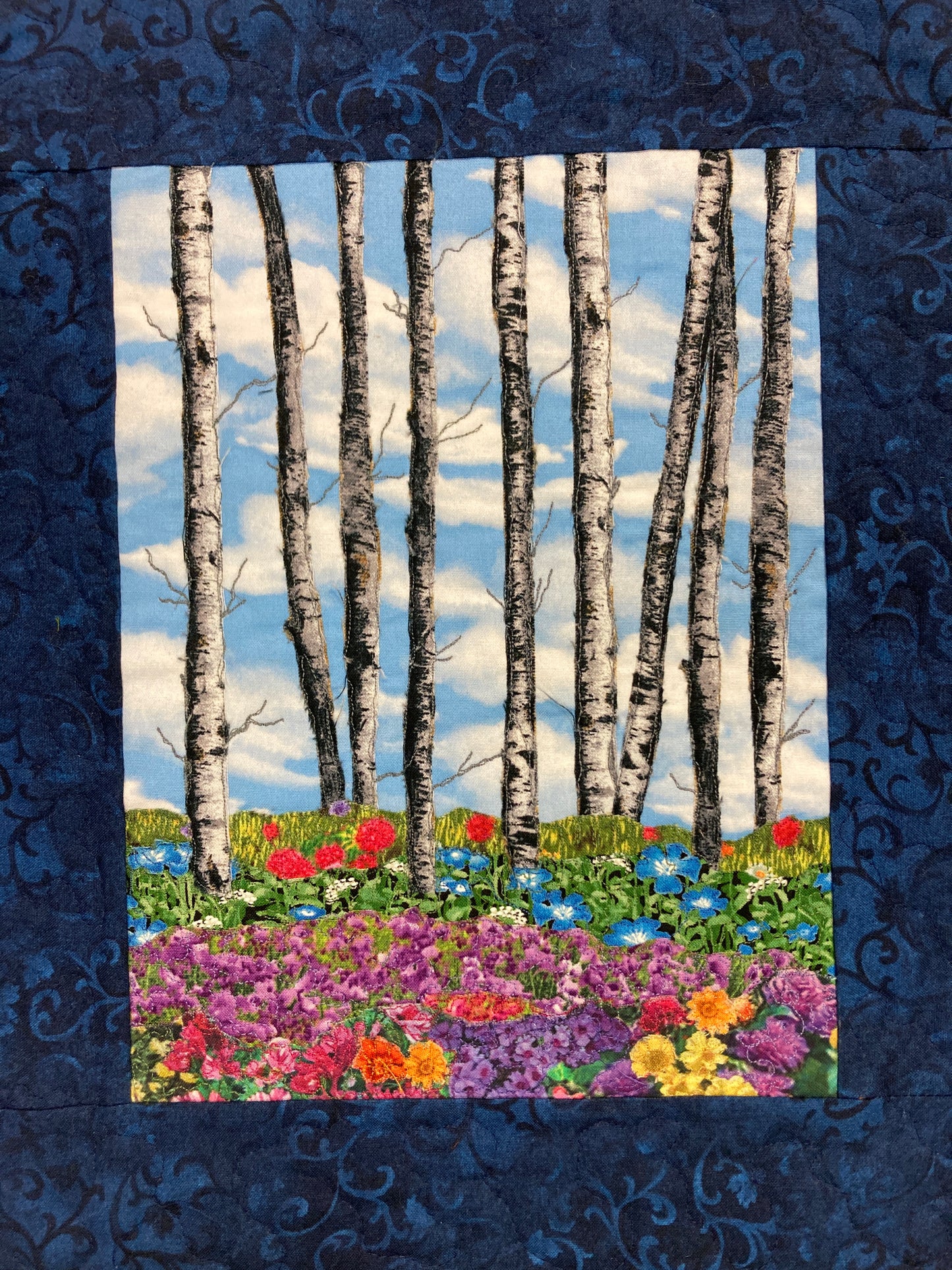 Blue Skies Aspen Trees and Flowers, Fabric Art Quilt Wall Hanging, Landscape Tapestry, Floral 13x15" Original Artwork Handmade Woodland