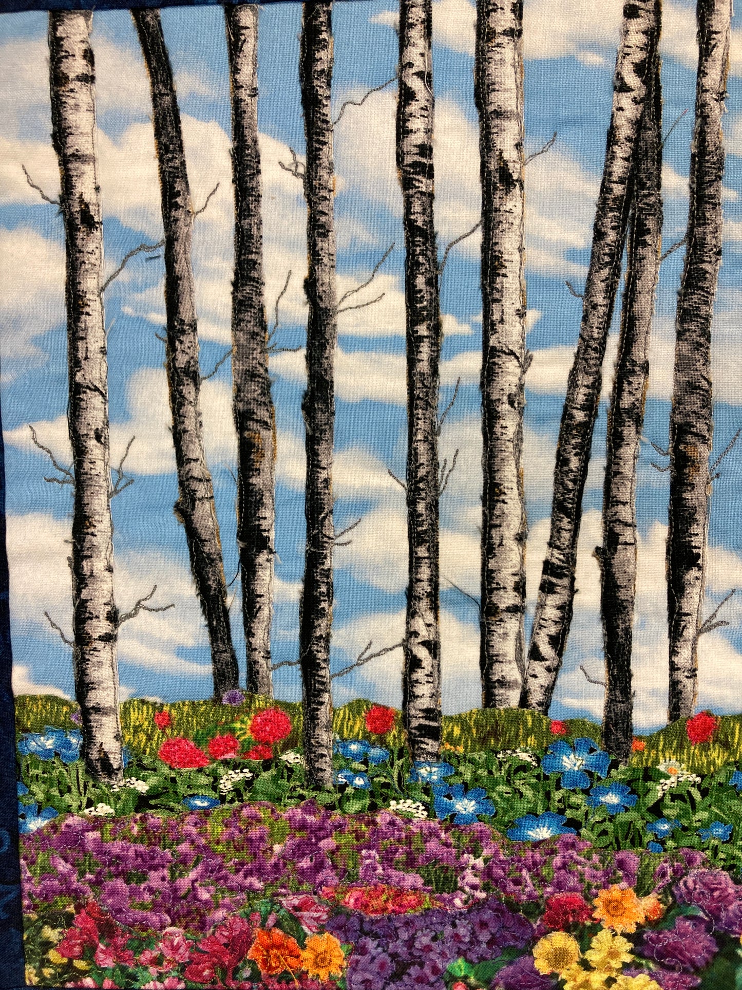 Blue Skies Aspen Trees and Flowers, Fabric Art Quilt Wall Hanging, Landscape Tapestry, Floral 13x15" Original Artwork Handmade Woodland