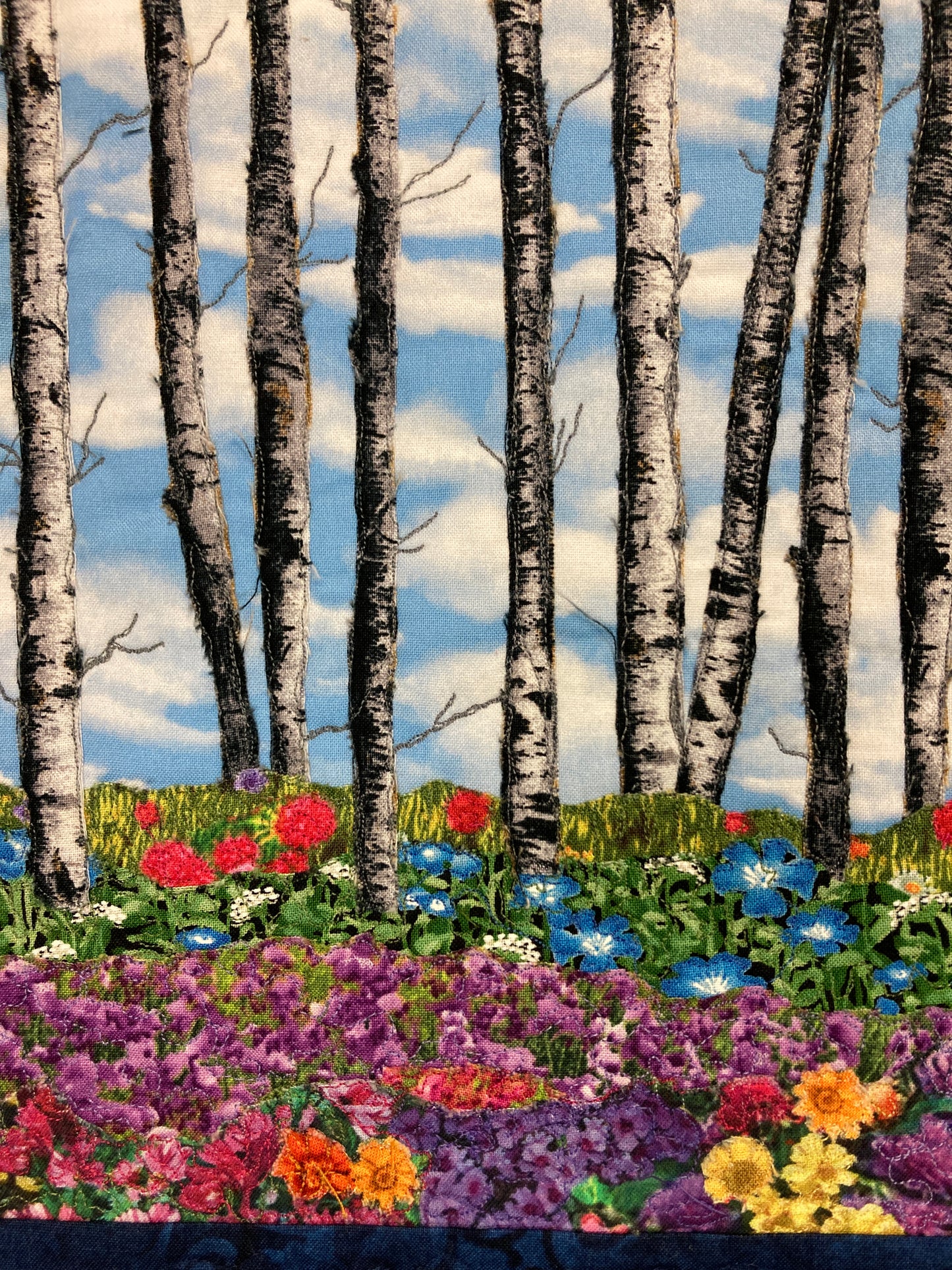 Blue Skies Aspen Trees and Flowers, Fabric Art Quilt Wall Hanging, Landscape Tapestry, Floral 13x15" Original Artwork Handmade Woodland